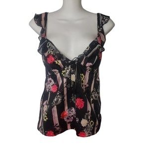 Victoria's Secret Black Floral Print Ruffled Camisole Size Small